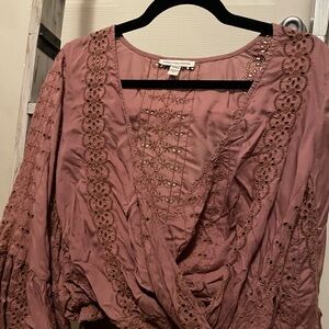 American Eagle Outfitters Lace Wrap Blouse in Dusty Rose